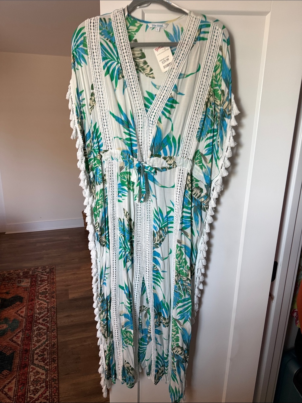 blue island White Kaftan with Green and Blue Tropical Leaves